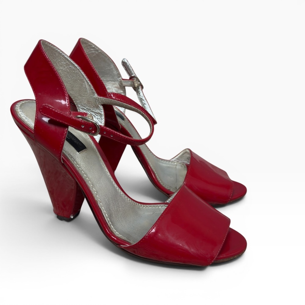 Dolce & Gabbana Sandals Womens 37.5 Red Patent Leather Peep Toe Cone Heel Italy